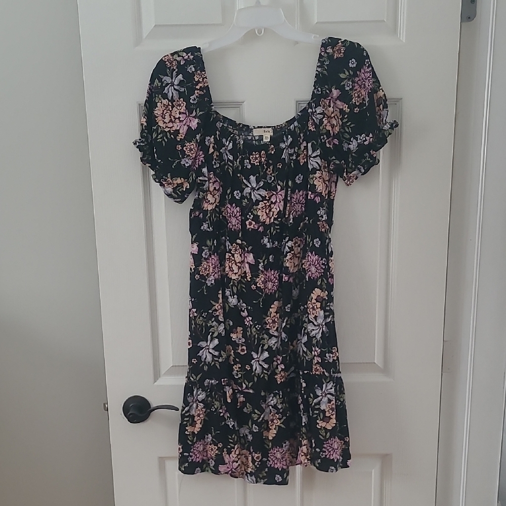 Floral Black Dress with Pink and Purple Flowers